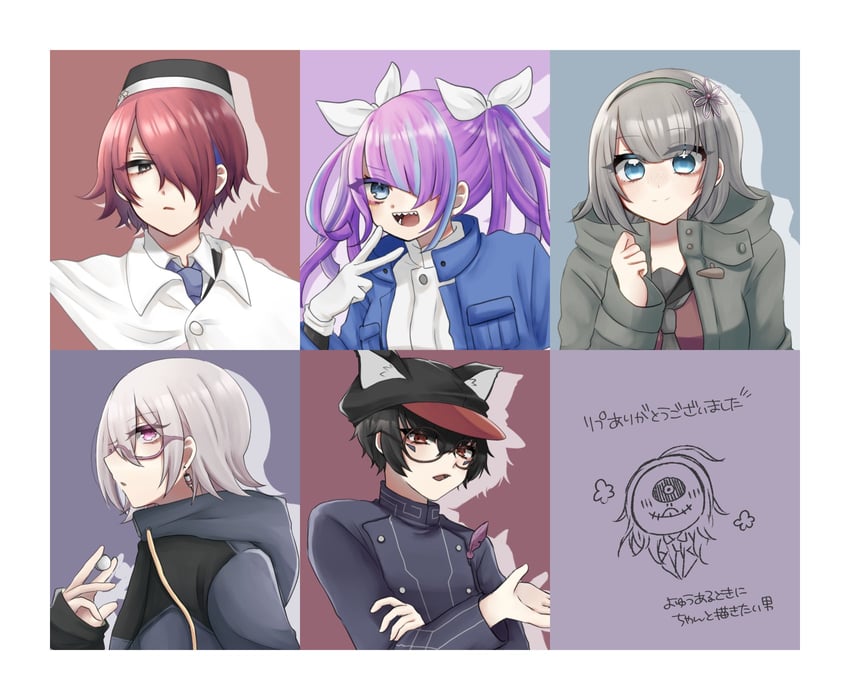zilch alexander, halara nightmare, yomi hellsmile, makoto kagutsuchi, kurumi wendy, and 1 more (master detective archives: rain code) drawn by usami_(w_o0il)
