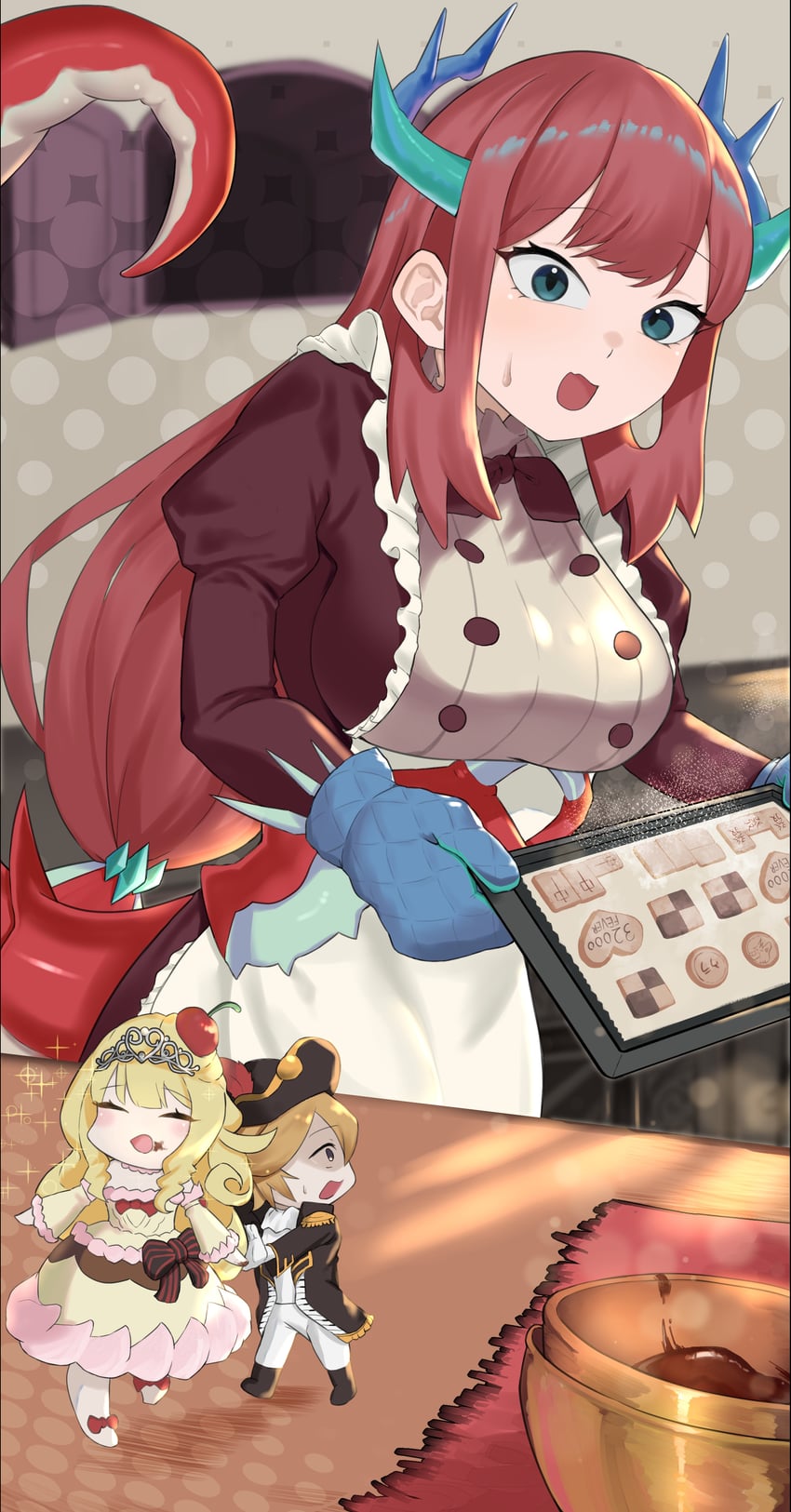 kitchen dragonmaid, madolche puddingcess, and madolche chouxvalier (yu-gi-oh!) drawn by wa_tsuji