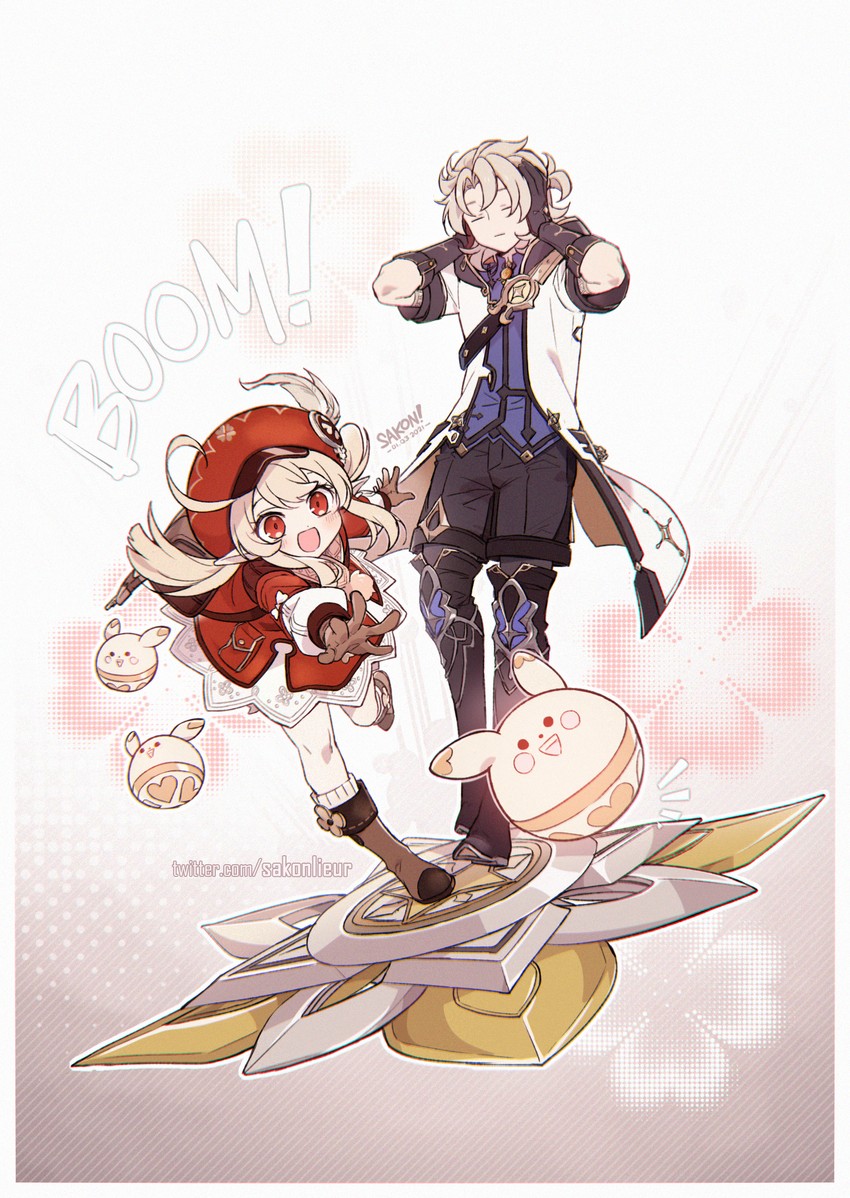 klee, albedo, and jumpy dumpty (genshin impact) drawn by sakon04