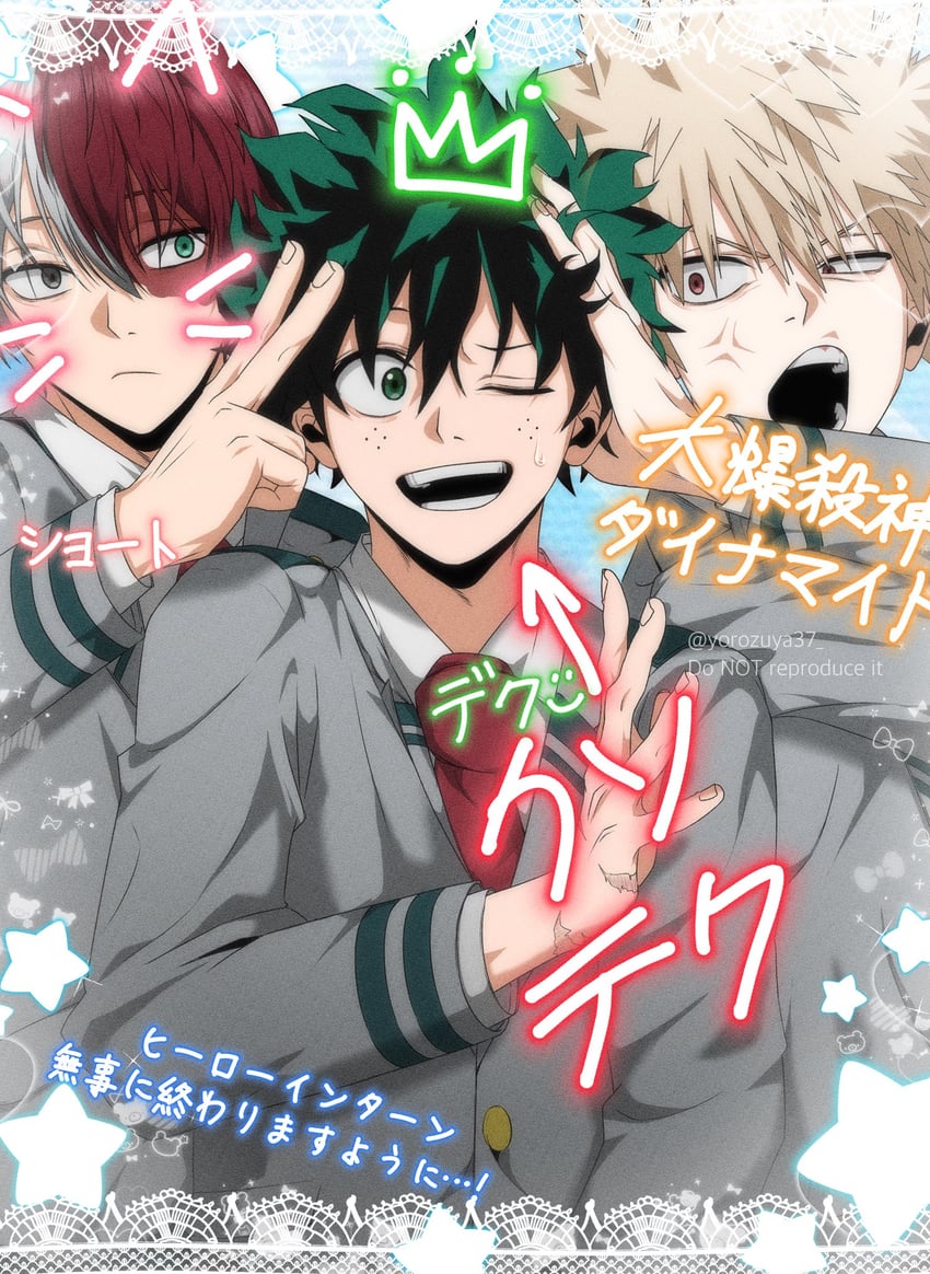 midoriya izuku, bakugou katsuki, and todoroki shoto (boku no hero academia) drawn by yorozuya37