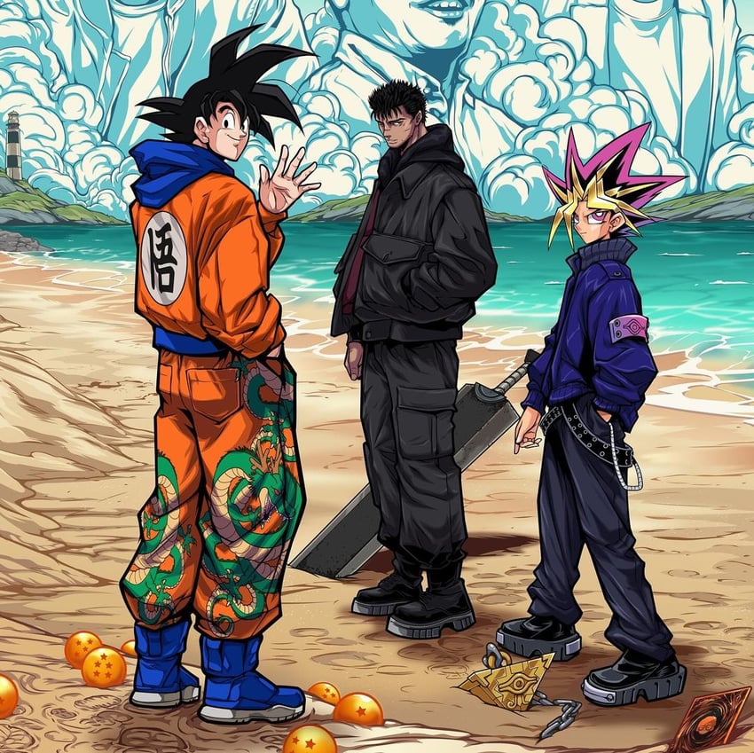 son goku, guts, muto yugi, yami yugi, shenron, and 3 more (yu-gi-oh! and 5 more) drawn by kensuke_creations