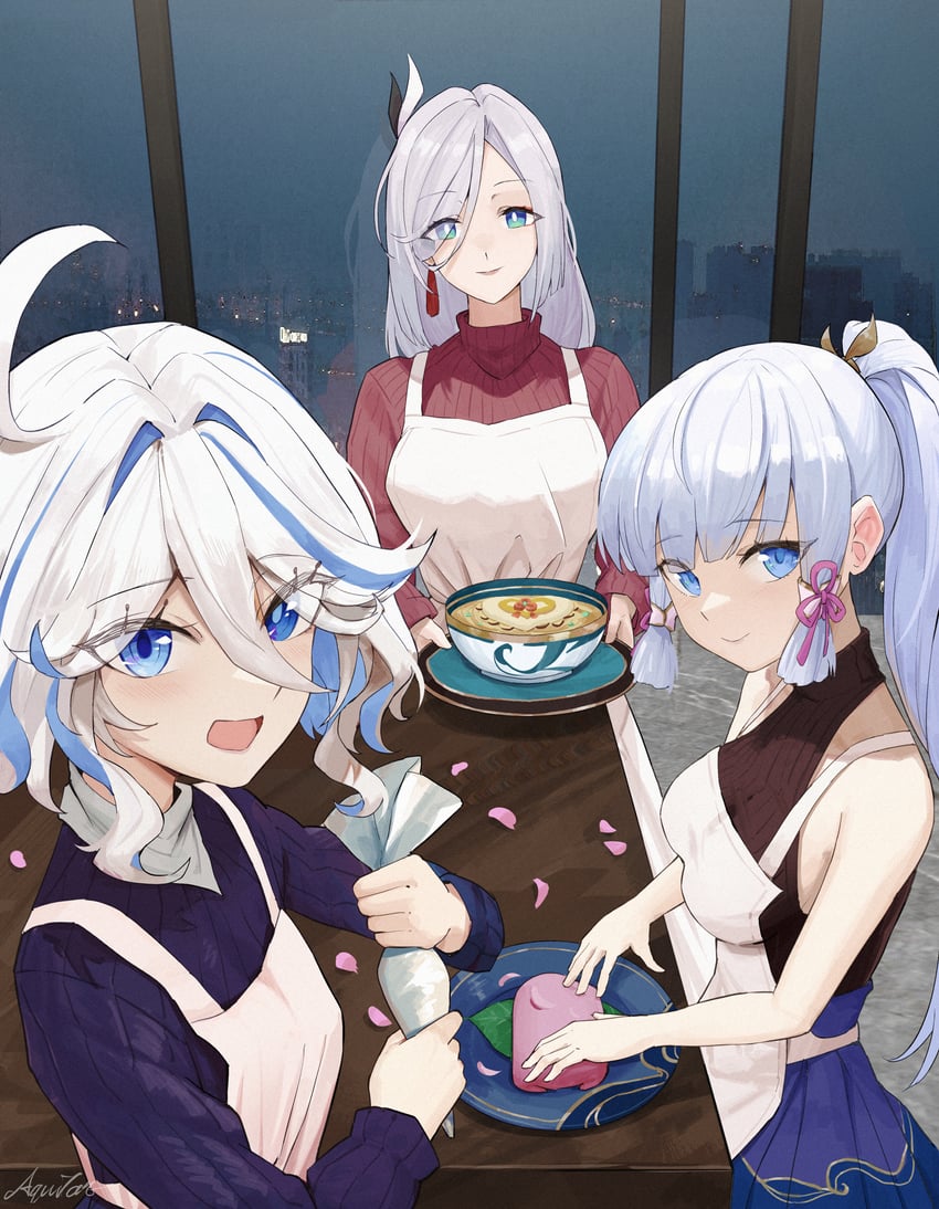 furina, kamisato ayaka, and shenhe (genshin impact) drawn by aquilar