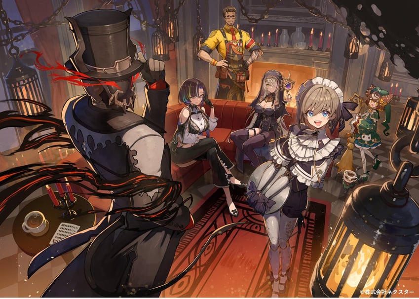 masuta dexi, vivienne mysteria, pione krone, grimoire latte, michel, and 1 more (world connect) drawn by kuroi_susumu