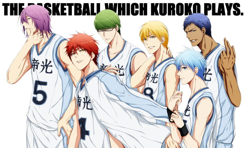 kuroko tetsuya, aomine daiki, kise ryouta, akashi seijuurou, midorima shintarou, and 1 more (kuroko no basuke) drawn by inu_(91556)