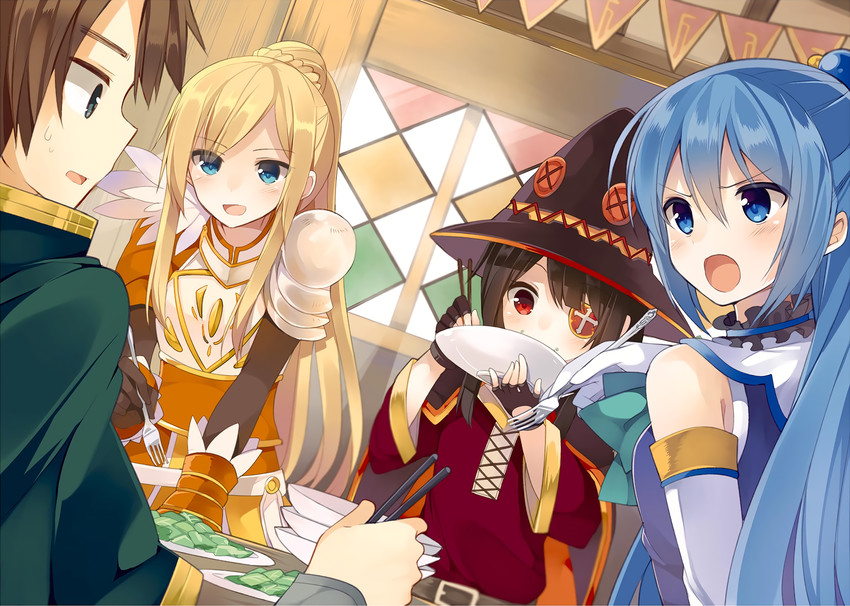 megumin, aqua, darkness, and satou kazuma (kono subarashii sekai ni shukufuku wo!) drawn by mishima_kurone