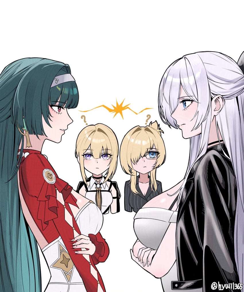 evelyn chevalier, astra yao, cinderella, and grave (zenless zone zero and 1 more) drawn by hyuiil365