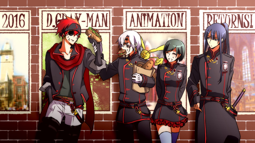 lenalee lee, allen walker, kanda yuu, lavi, and timcanpy (d.gray-man) drawn by kanoru_(klokke)