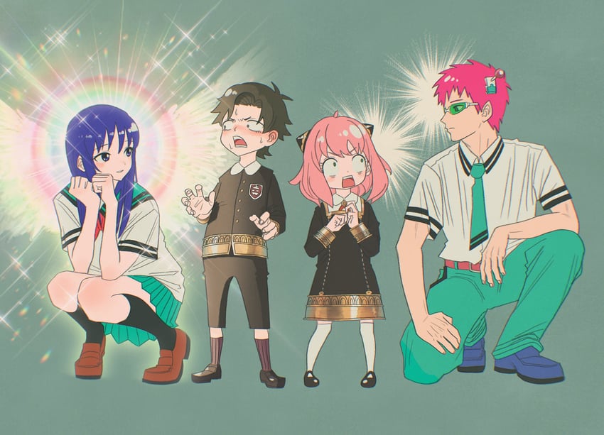anya, damian desmond, saiki kusuo, and teruhashi kokomi (spy x family and 1 more) drawn by uraura_ura-chan