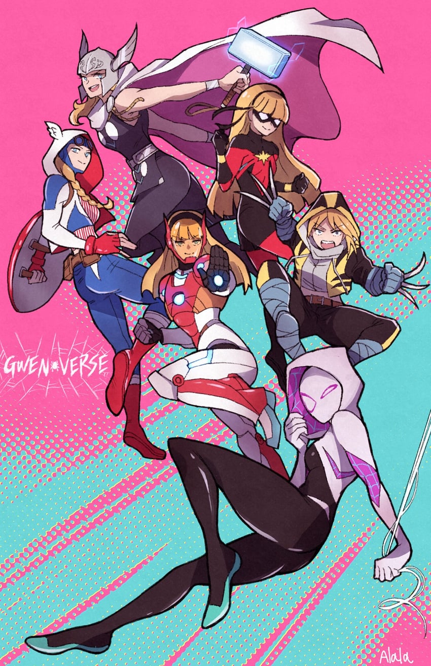 wolverine, spider-gwen, gwen stacy, captain america, iron man, and 2 more (marvel and 2 more) drawn by sushi_pizza_rrr