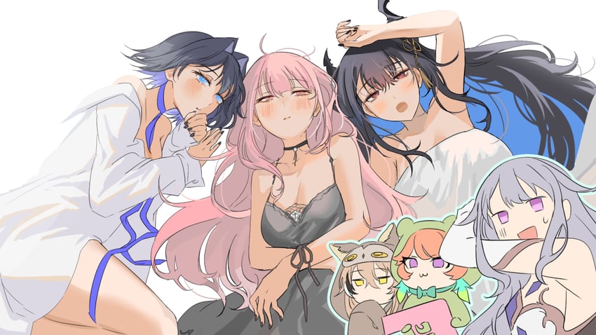 mori calliope, ouro kronii, nanashi mumei, takanashi kiara, nerissa ravencroft, and 2 more (hololive and 1 more) drawn by set7