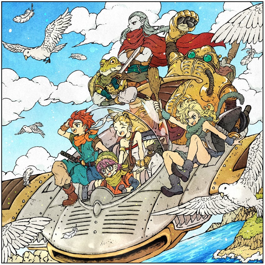 lucca ashtear, crono, marle, ayla, frog, and 3 more (chrono trigger) drawn by toriga