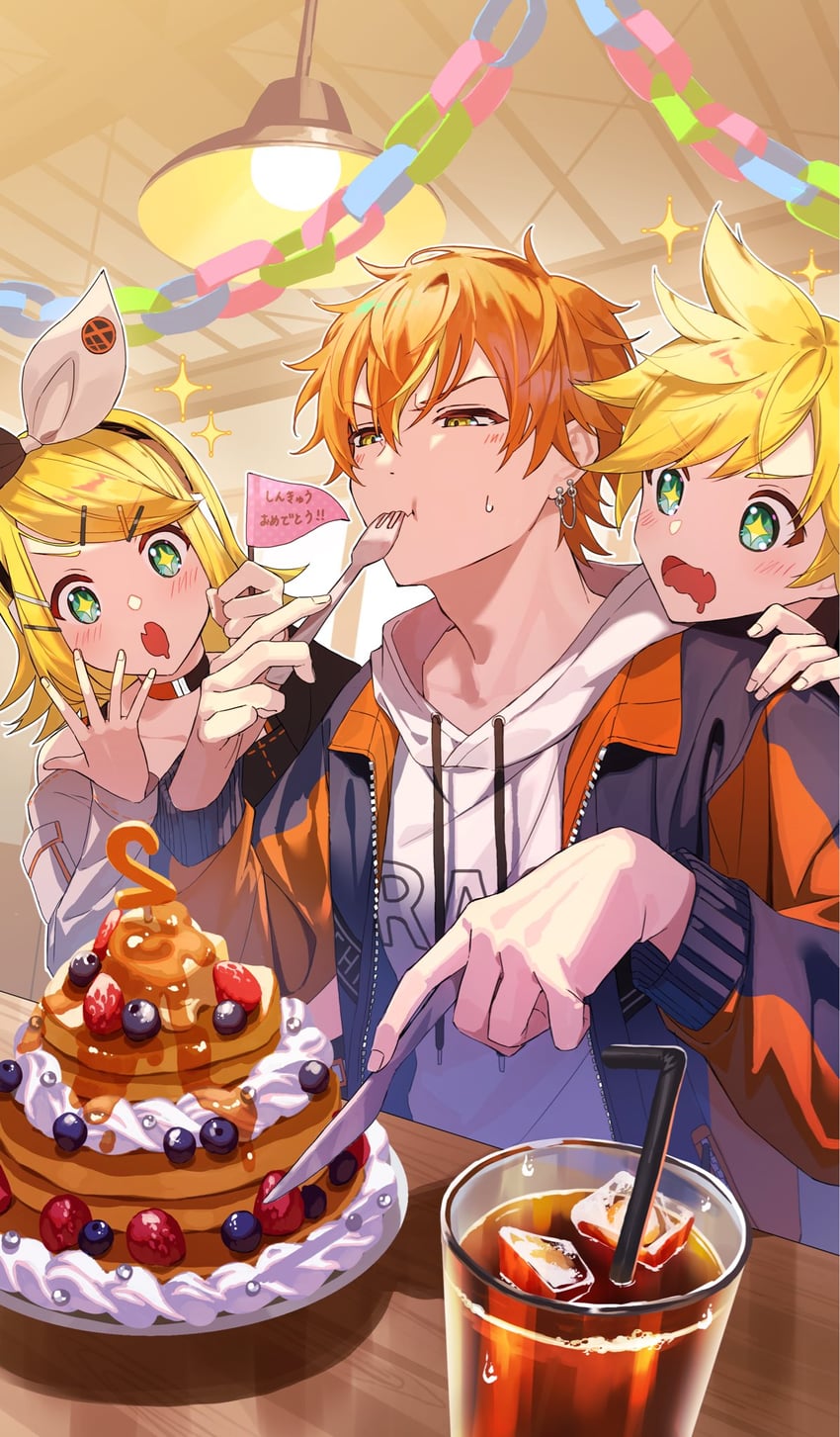 kagamine rin, kagamine len, shinonome akito, vivid bad squad len, and vivid bad squad rin (vocaloid and 1 more) drawn by hanada_09