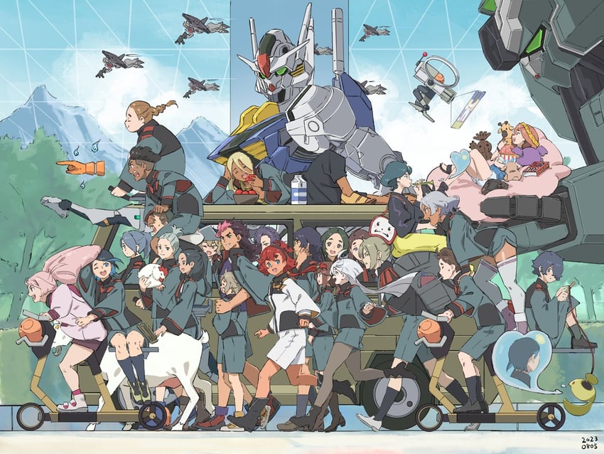 suletta mercury, miorine rembran, haro, secelia dote, guel jeturk, and 22 more (gundam and 1 more) drawn by bluendorange1