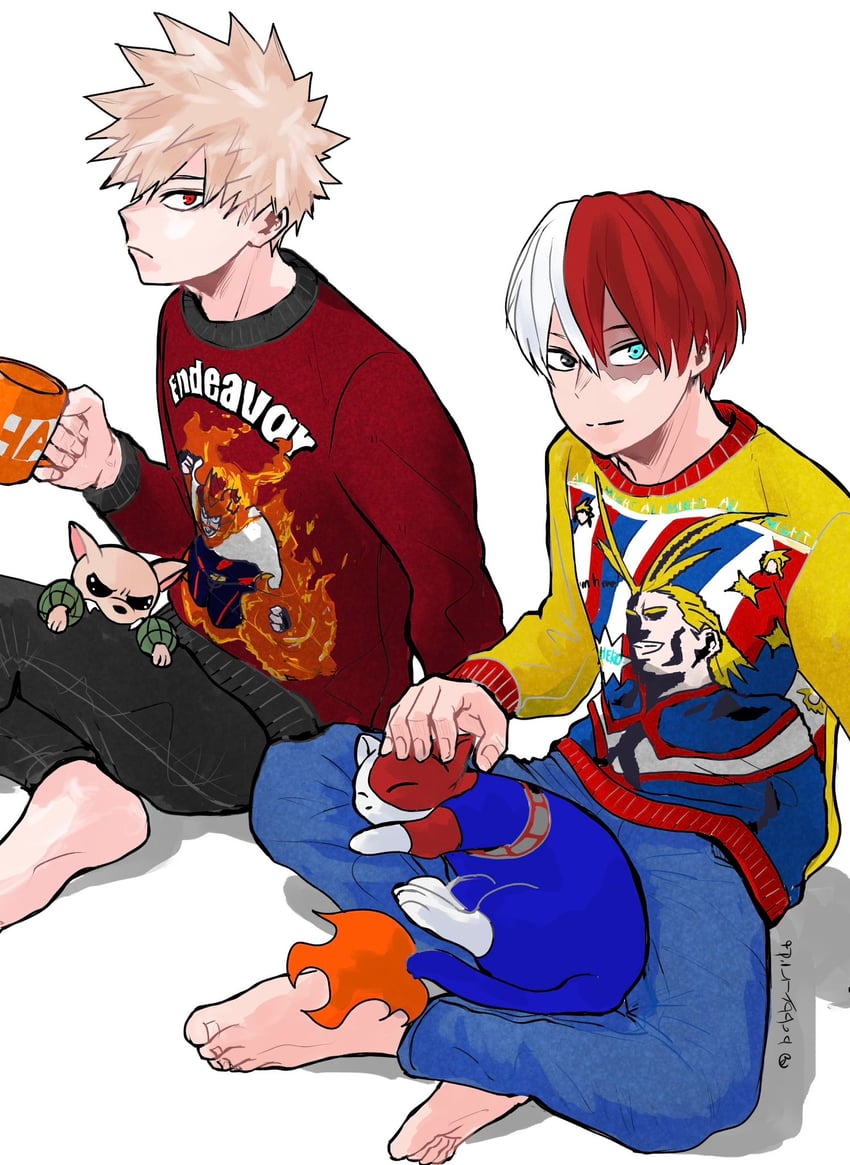 bakugou katsuki, endeavor, todoroki shoto, and all might (boku no hero academia) drawn by bobby_riko