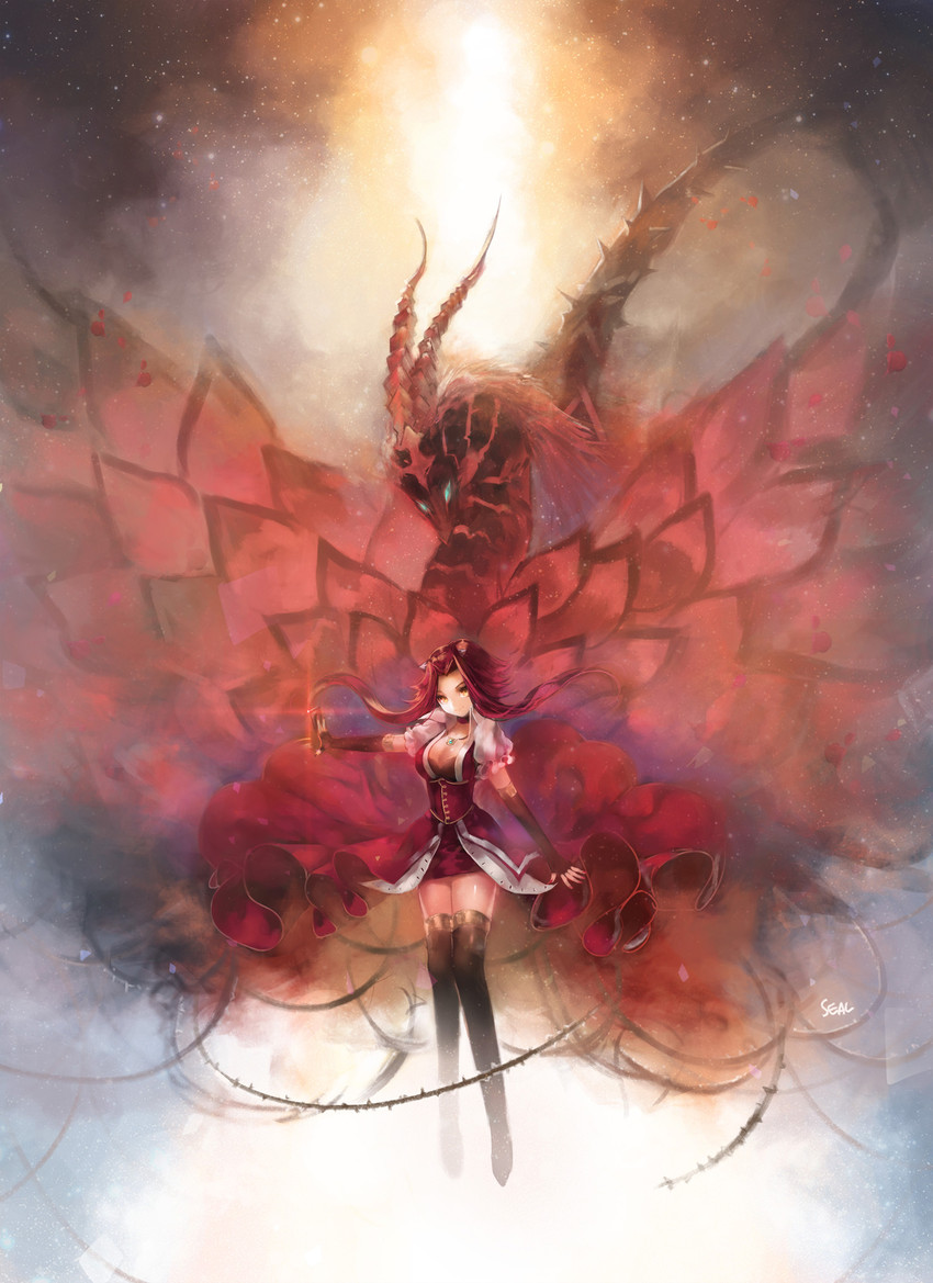 izayoi aki and black rose dragon (yu-gi-oh! and 1 more) drawn by seal_(pukozin)