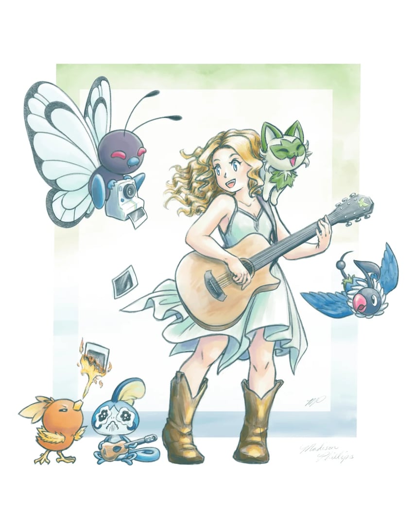sprigatito, sobble, torchic, butterfree, chatot, and 1 more (pokemon) drawn by mgishere