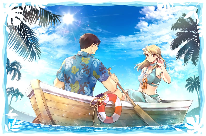 riza hawkeye and roy mustang (fullmetal alchemist and 1 more) drawn by takafuji_yuna