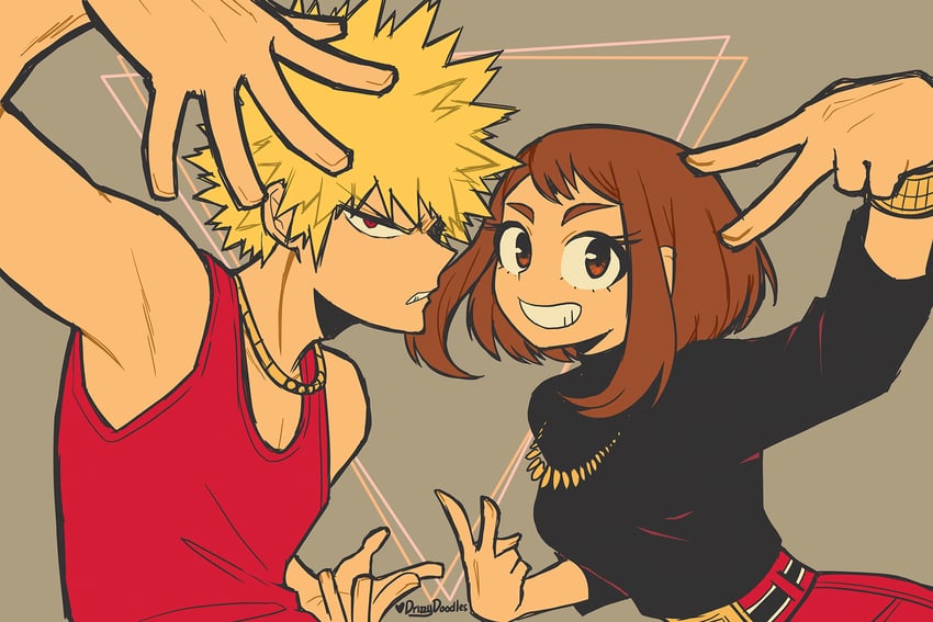 uraraka ochaco and bakugou katsuki (boku no hero academia) drawn by drizzydoodles