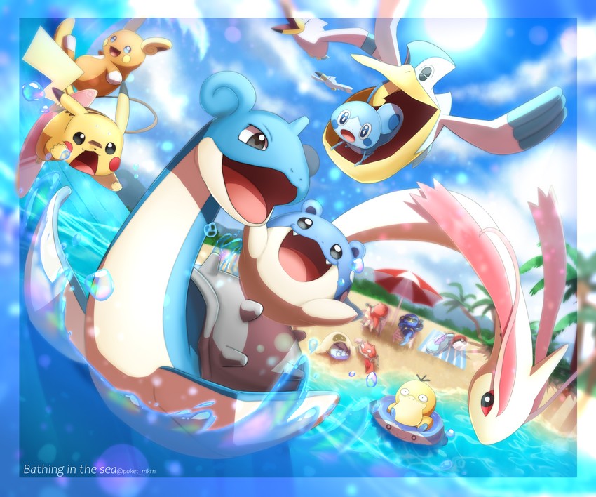 pikachu, sobble, psyduck, lapras, milotic, and 11 more (pokemon) drawn by poket_mkrn