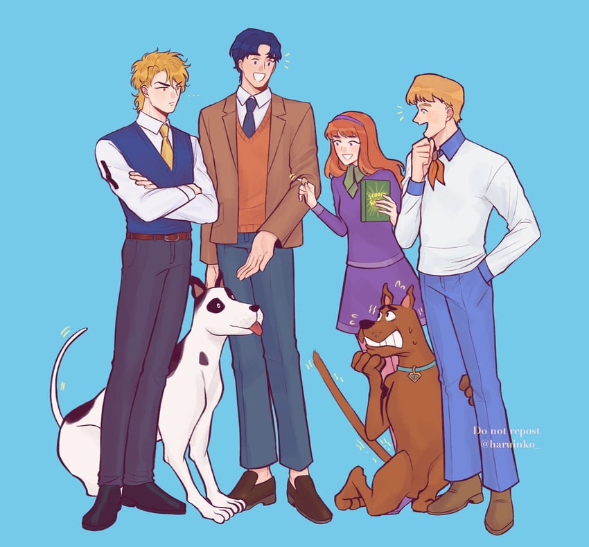 dio brando, jonathan joestar, daphne blake, danny, fred jones, and 1 more (jojo no kimyou na bouken and 2 more) drawn by jyammi