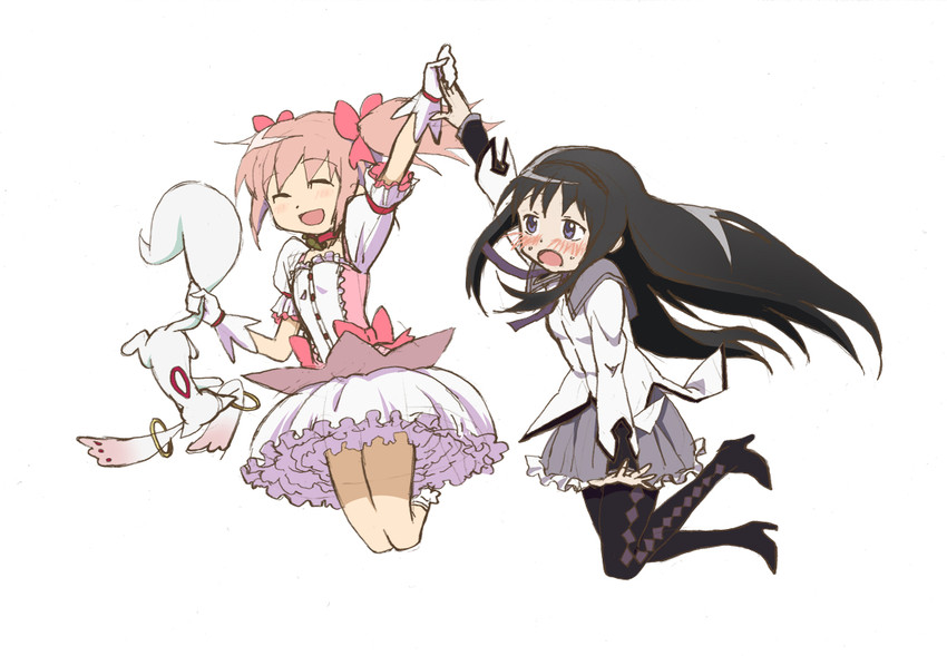 akemi homura, kaname madoka, and kyubey (mahou shoujo madoka magica) drawn by konnota