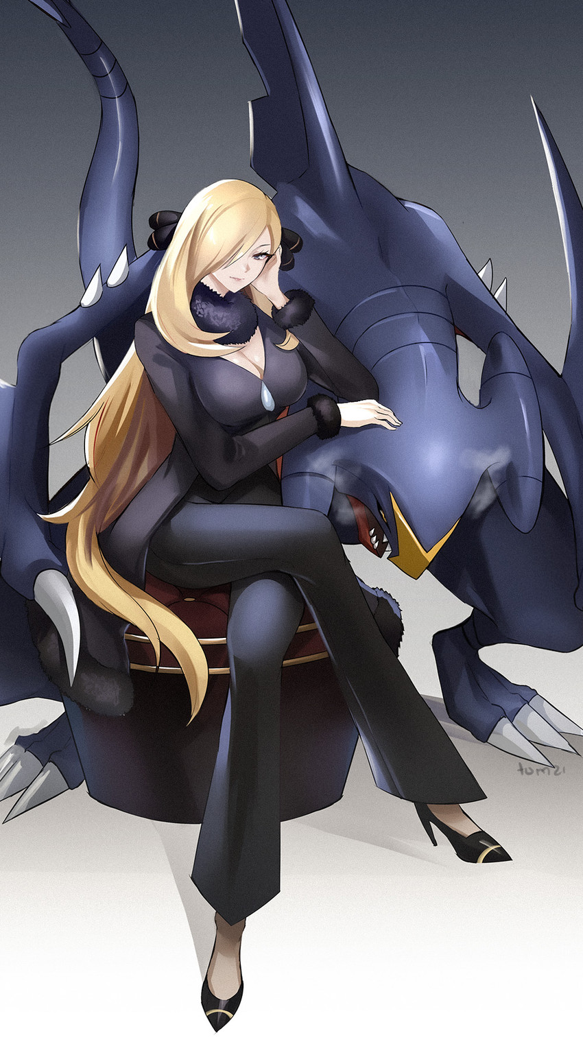 cynthia and garchomp (pokemon and 1 more) drawn by tommy_(kingdukeee)