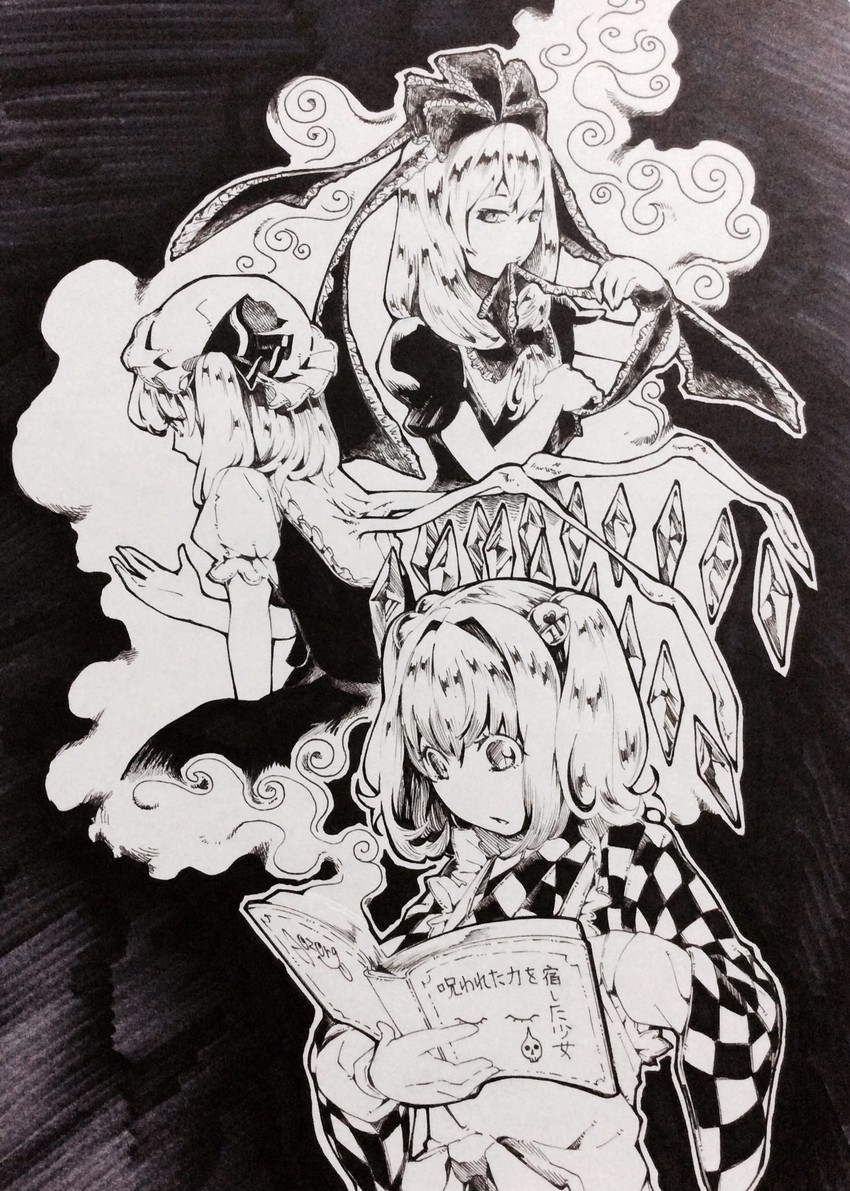 flandre scarlet, kagiyama hina, and motoori kosuzu (touhou) drawn by aozora_taf