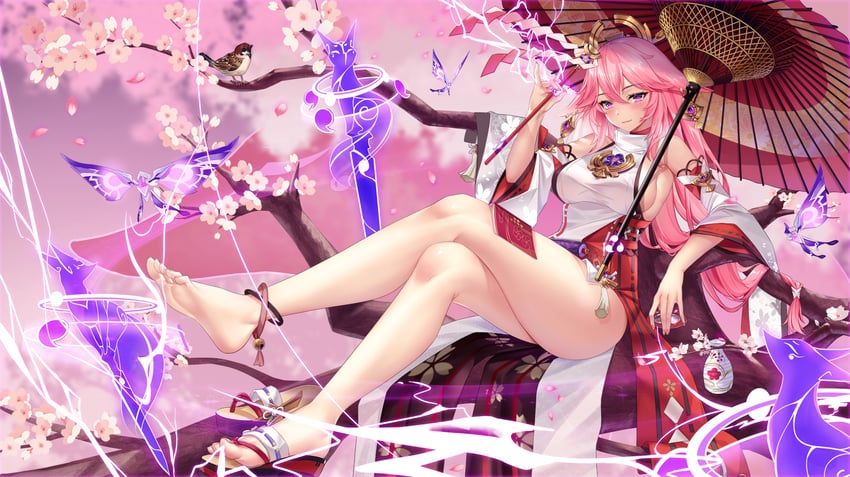 yae miko and crystalfly (genshin impact) drawn by kousaki_natsu