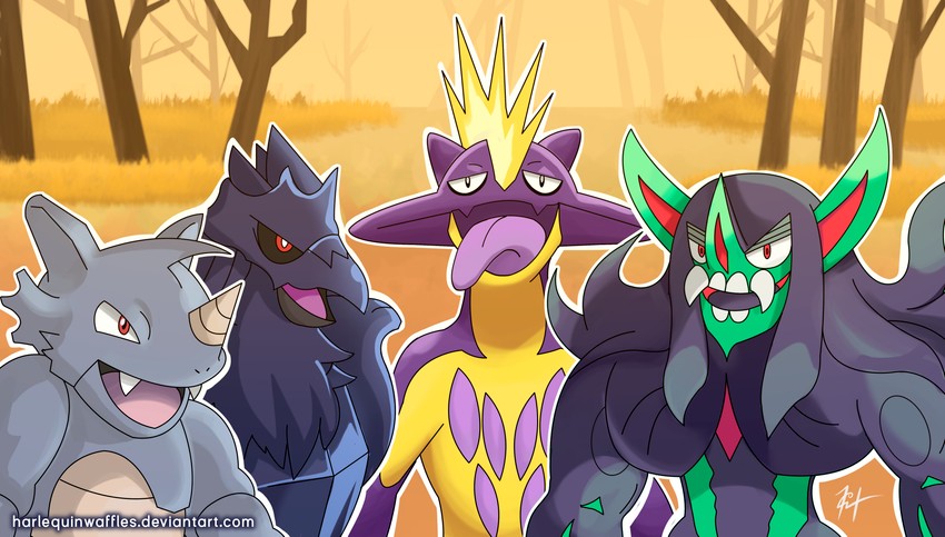toxtricity, corviknight, rhydon, and grimmsnarl (pokemon and 2 more) drawn by harlequinwaffles
