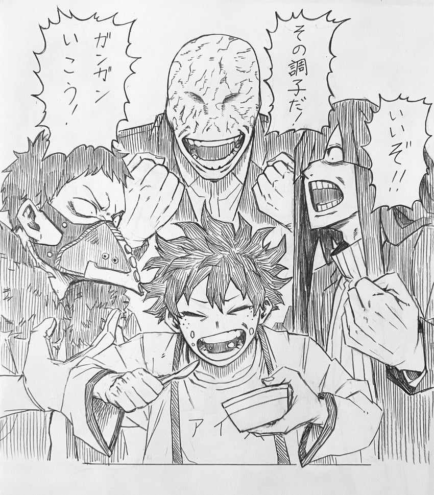 midoriya izuku, sugita tomokazu, overhaul, ootsuka akio, all for one, and 3 more (boku no hero academia) drawn by nagatomo1565