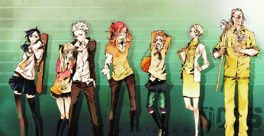 fuyumine naoto, haine rammsteiner, nill, badou nails, mihai mihaeroff, and 2 more (dogs: bullets & carnage) drawn by uzausa