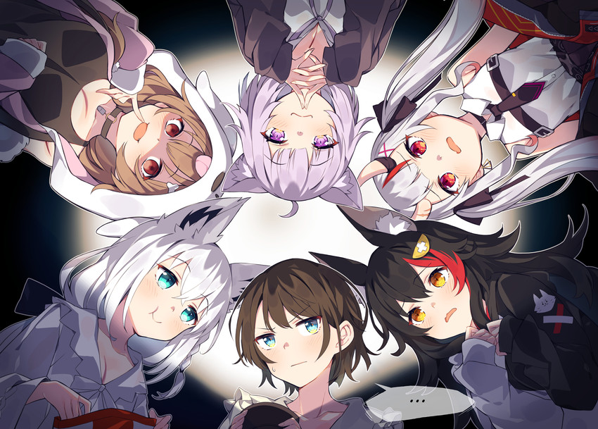 shirakami fubuki, nekomata okayu, ookami mio, oozora subaru, inugami korone, and 1 more (hololive) drawn by deany