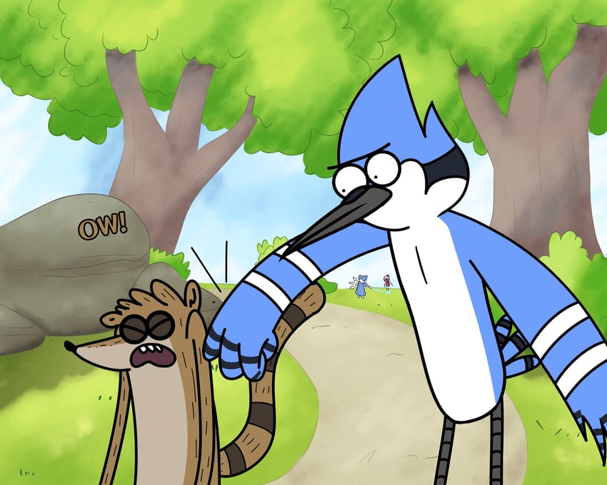 cirno, mordecai, rigby, and benson (touhou and 1 more) drawn by rownou