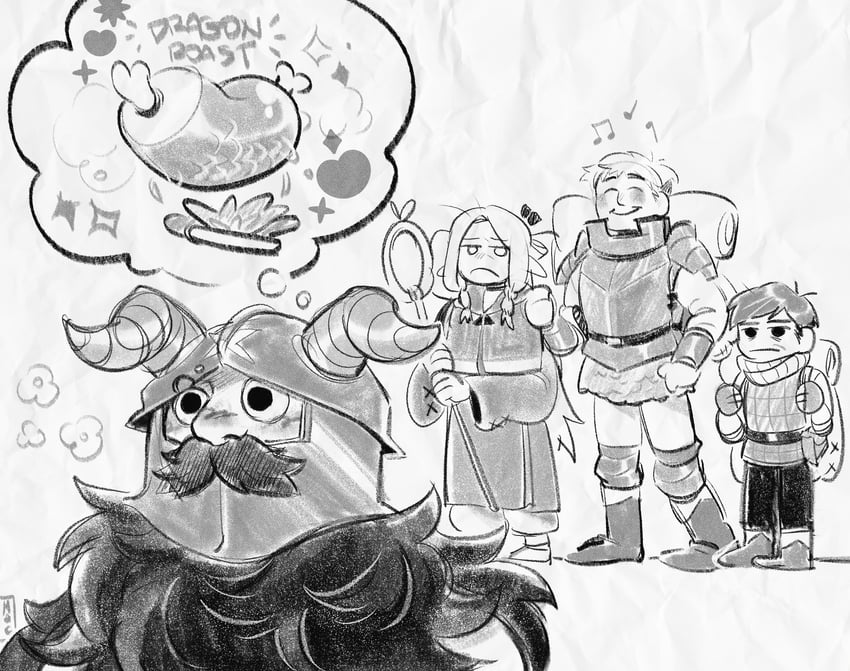 marcille donato, laios touden, senshi, and chilchuck tims (dungeon meshi) drawn by monotcchi