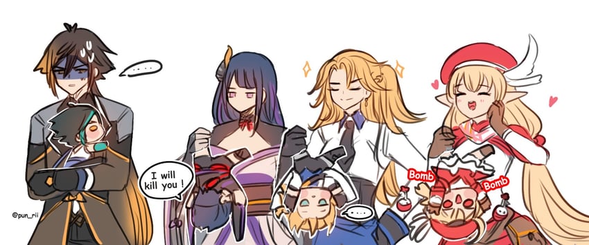 raiden shogun, scaramouche, zhongli, klee, xiao, and 3 more (genshin impact) drawn by pun-rii