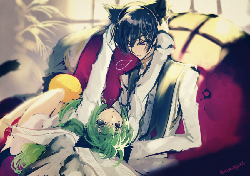 c.c., lelouch vi britannia, and cheese-kun (code geass) drawn by creayus