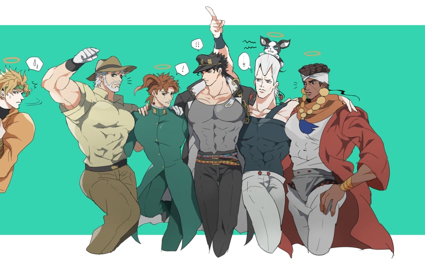 joseph joestar, kujo jotaro, dio brando, kakyoin noriaki, jean pierre polnareff, and 2 more (jojo no kimyou na bouken and 1 more) drawn by erk_(okra_ecory)