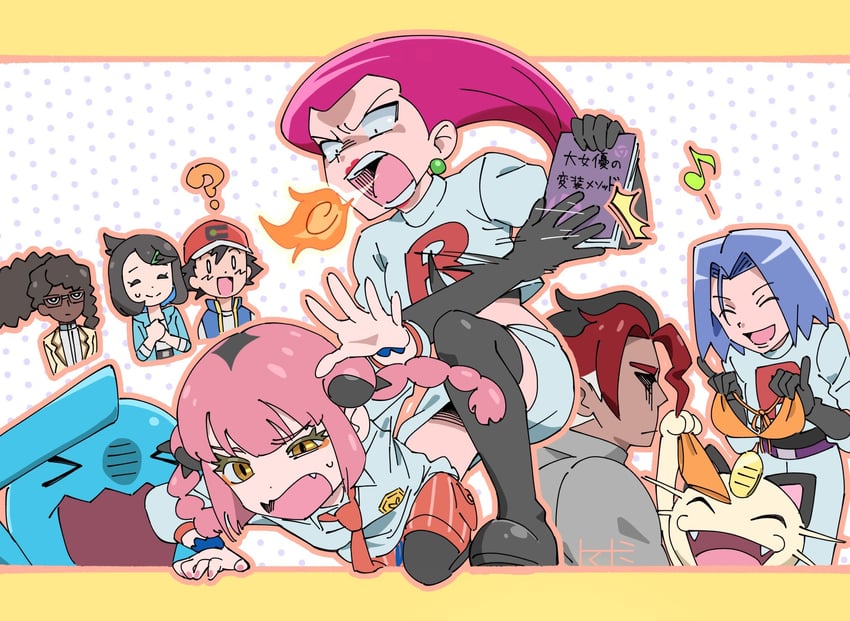 ash ketchum, jessie, james, liko, meowth, and 4 more (pokemon and 2 more) drawn by tomatomi