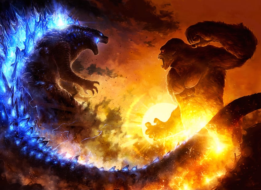 godzilla, king kong, and kong (godzilla and 3 more) drawn by hoshichizu
