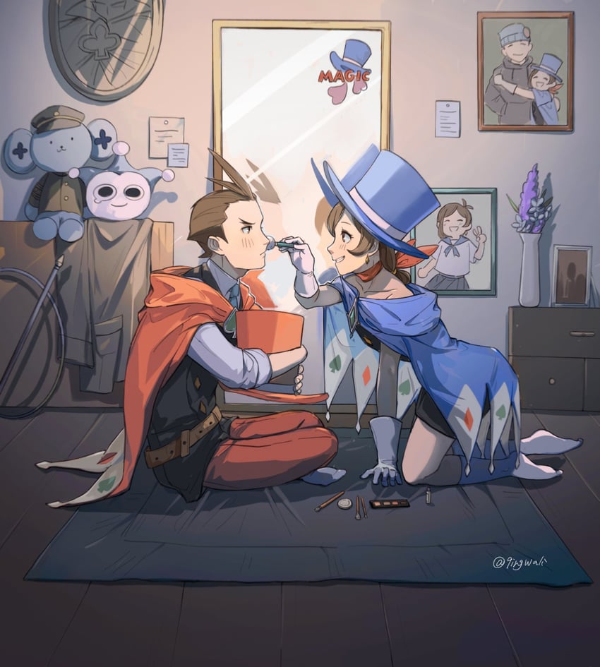 phoenix wright, apollo justice, trucy wright, blue badger, and chuunosuke (ace attorney) drawn by kaeru_(qingwali)