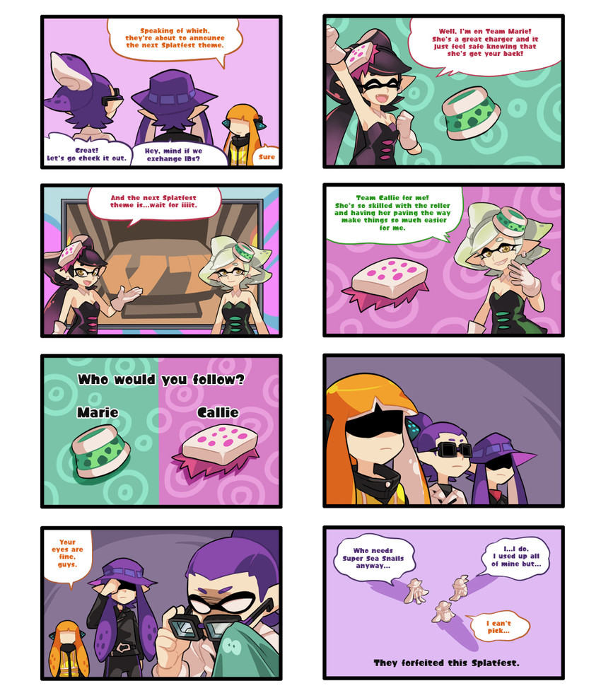 inkling player character, inkling girl, callie, marie, and inkling boy (splatoon and 2 more) drawn by gomipomi