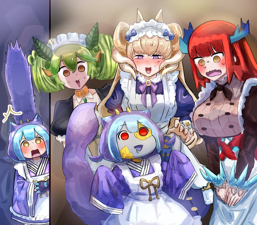 laundry dragonmaid, parlor dragonmaid, kitchen dragonmaid, and lattice dragonmaid (yu-gi-oh!) drawn by hatano_kiyoshi
