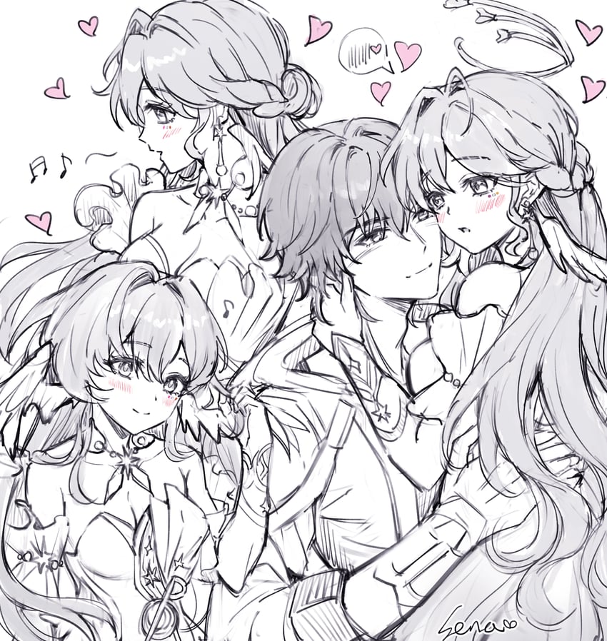 trailblazer, caelus, and robin (honkai and 1 more) drawn by senasolumi