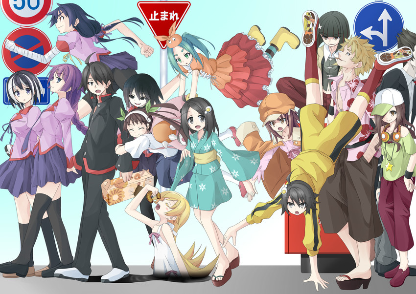oshino shinobu, senjougahara hitagi, hanekawa tsubasa, sengoku nadeko, hachikuji mayoi, and 10 more (monogatari) drawn by yukyon