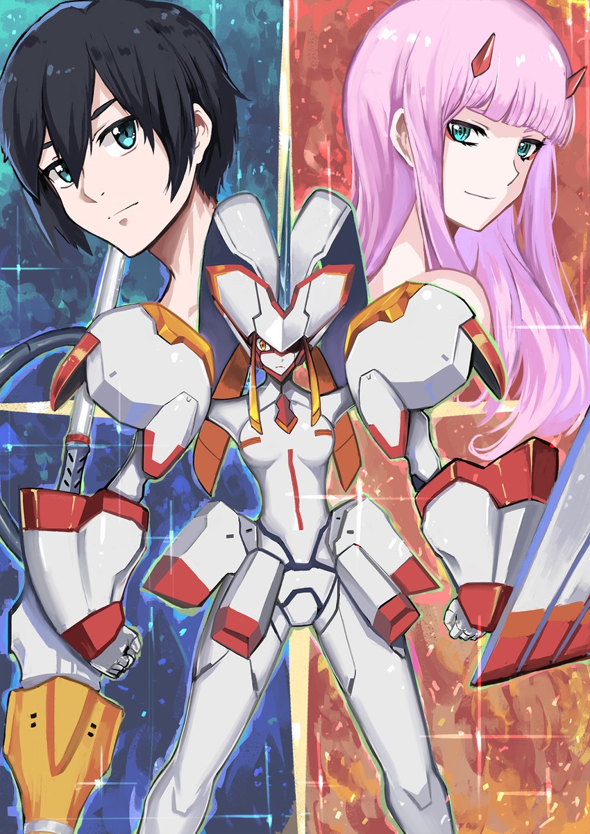 zero two, hiro, and strelizia (darling in the franxx) drawn by memekun