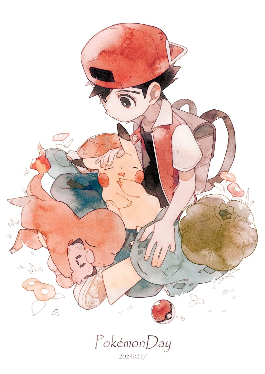 pikachu, red, bulbasaur, squirtle, charmander, and 1 more (pokemon and 1 more) drawn by oharu-chan