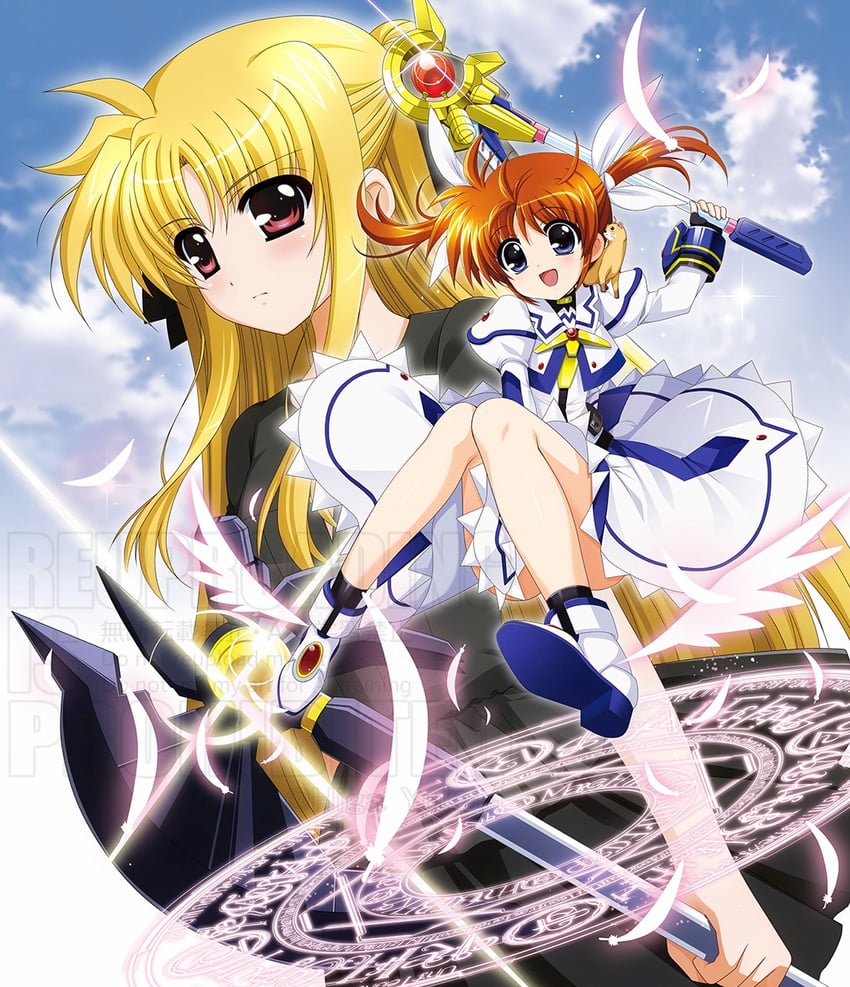 fate testarossa, takamachi nanoha, and raising heart (lyrical nanoha and 2 more) drawn by higa_yukari