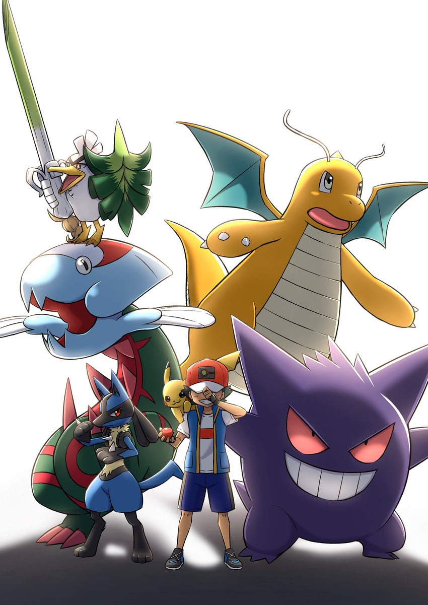 pikachu, ash ketchum, lucario, gengar, dragonite, and 2 more (pokemon and 1 more) drawn by watagashikn