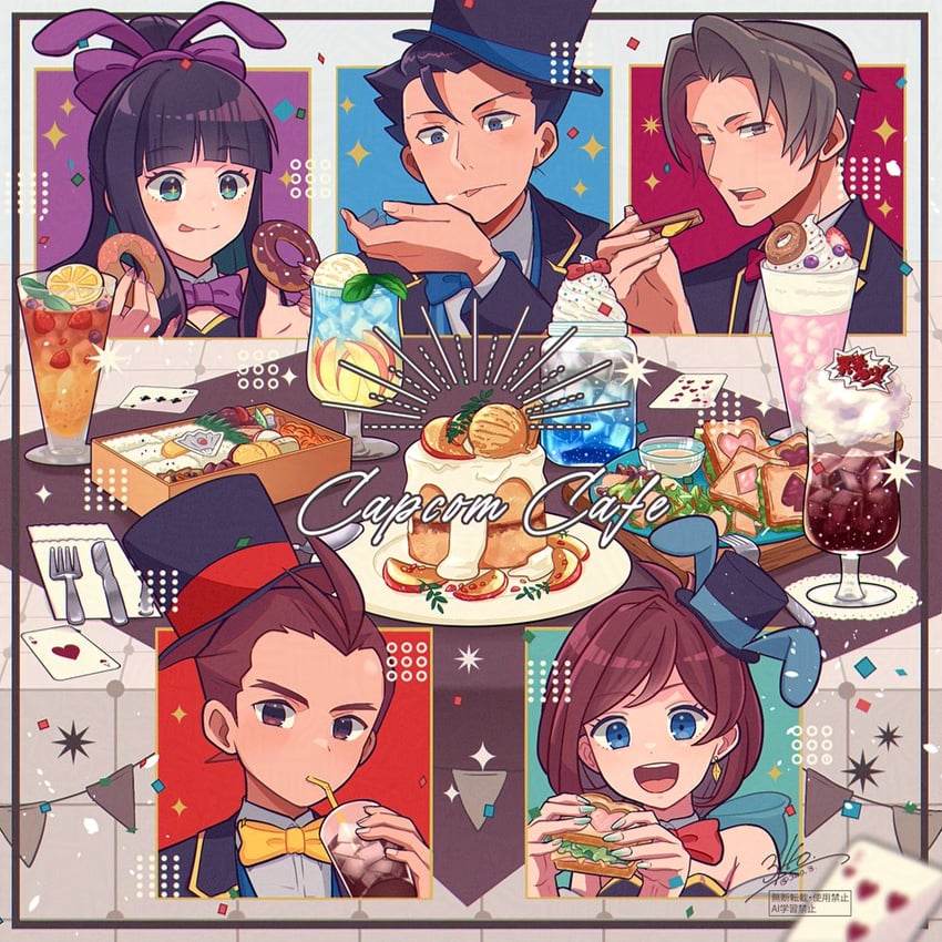 phoenix wright, miles edgeworth, maya fey, apollo justice, and trucy wright (ace attorney) drawn by 3llo_3