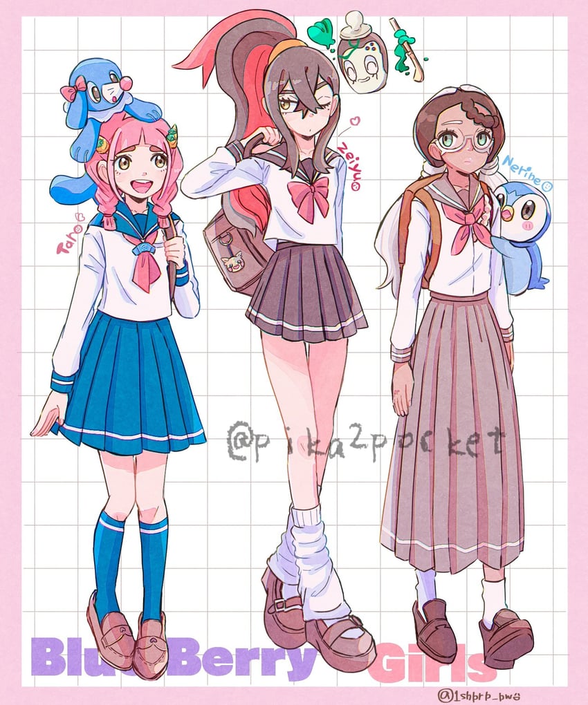 piplup, carmine, popplio, lacey, amarys, and 1 more (pokemon and 1 more) drawn by pika2pocket